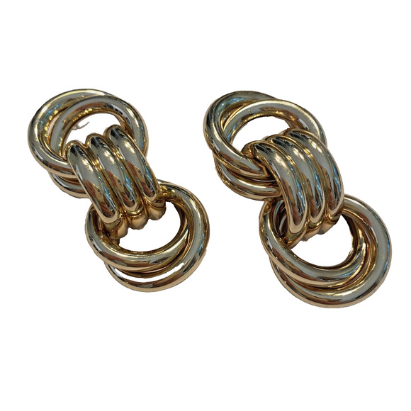 Vintage 1980’s Pierced Earrings Statement Runway Gold Chunky Tubular Chains - Picture 4 of 10